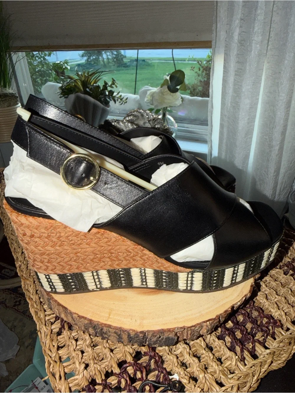 Linea Paolo Valery-L Black Leather Platform Wedge Sandals Size 8.5